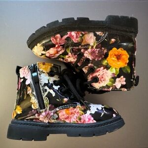 Comfy Kids Black Floral Patent Leather Combat Boots